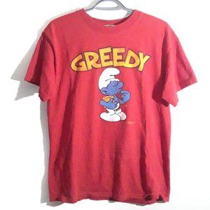 Smurfs Greedy Graphic T-Shirt Red Cartoon Tee Y2K Style Medium 2010